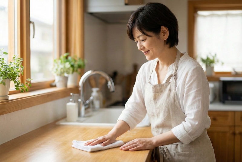 ミズピカ代表スタッフがキッチンを拭いている様子